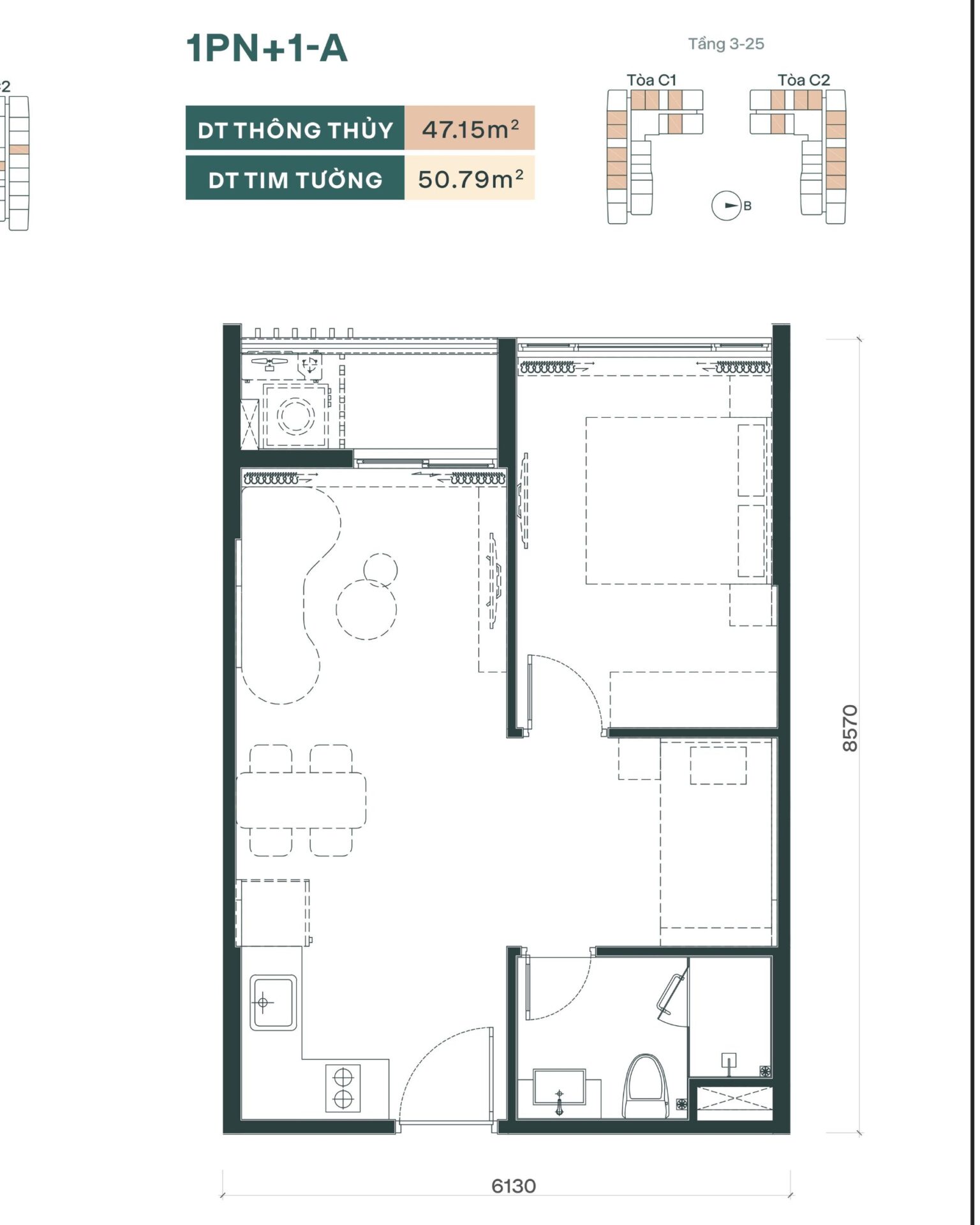 Dòng Căn hộ 1PN+1 (46.37 m² - 51.29 m²)