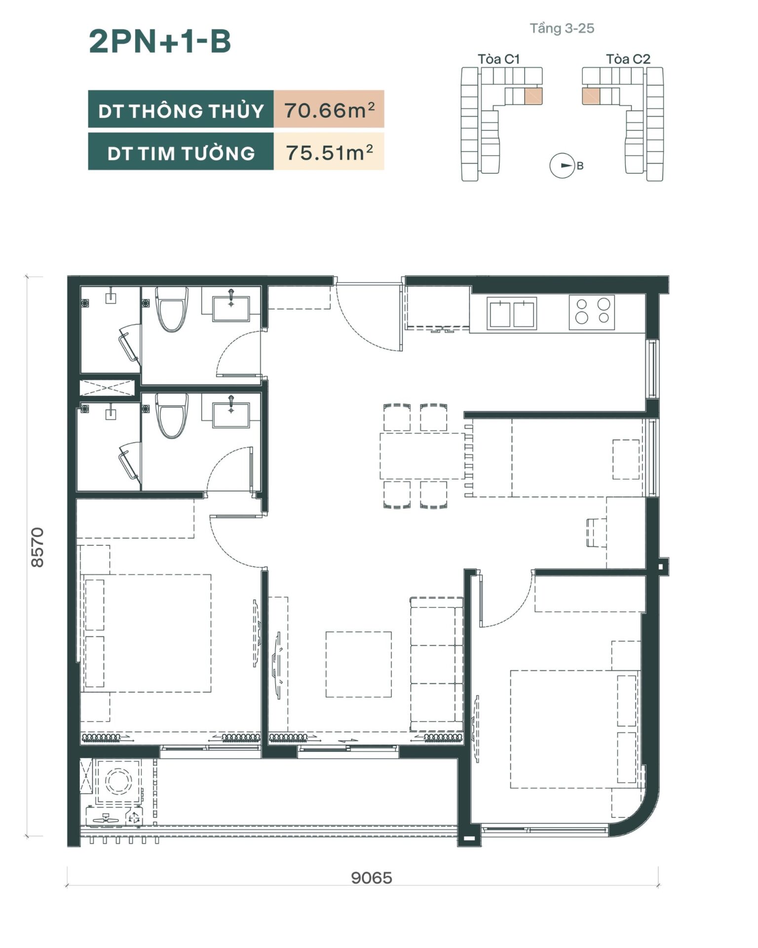 Dòng Căn hộ 2PN+1 (67.22 m² - 75.10 m²)